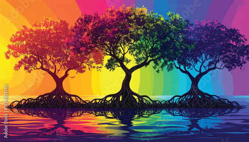 Mangrove Composition with Artistic Rainbow Gradient - Full Color Spectrum Illustration