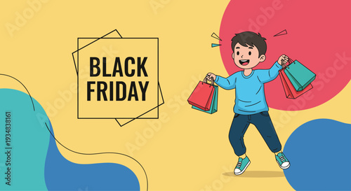 Energetic young boy jumping with joy while carrying multiple colorful shopping bags to celebrate Black Friday sales.