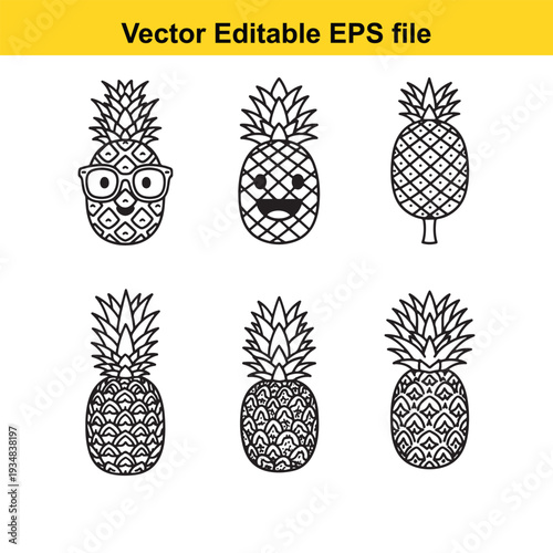 Pineapple Vector Illustrations Set with Various Designs - Editable EPS