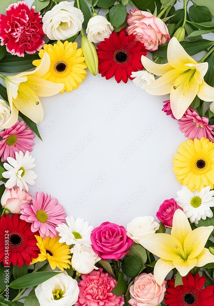 Obraz premium Floral frame composition with colorful blooms and leaves, gentle background