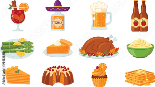Thanksgiving Food and Drink Vector Set with Roast Turkey, Pumpkin Pie, Beer, Tequila, Waffles and Festive Holiday Desserts