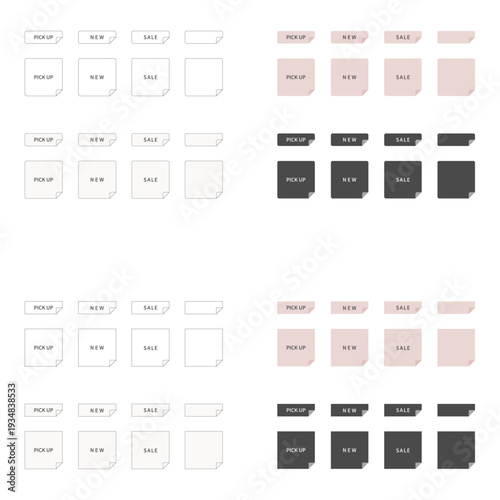 ECサイト向けめくれた付箋風のバナーラベルとアイコンのセット。PICK UP・NEW・SALE入り広告デザインに使えるシンプルな付箋と見出しラベル素材。Minimal Square Folded Corner Labels – E-commerce Promotion Tag Vector Set.