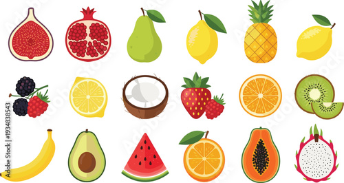 Tropical and Fresh Fruit Vector Set with Pineapple, Dragon Fruit, Mango, Papaya, Kiwi, Watermelon, Citrus and Berry Collection