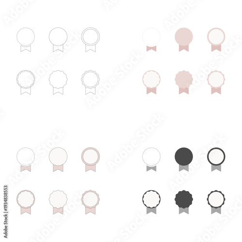 スカラップ丸型メダルフレーム（線画・くすみカラー・ダークカラー）。ウェブデザインや広告に使えるモダンなメダルとリボンのエンブレムセット。Ranking emblem badge set.