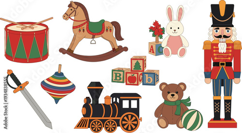 Vintage Christmas Toys Collection with Nutcracker Soldier, Rocking Horse, Drum, Train, Teddy Bear and Classic Holiday Cartoon Vector Set