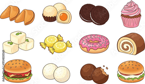 Sweet and Savory Snack Collection with Donut, Cupcake, Cookies, Burger, Candy and Fortune Cookie Cartoon Vector Illustration Set