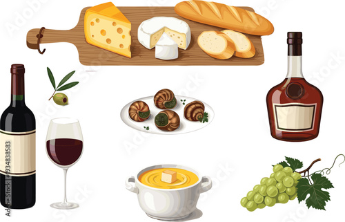 Wine and Cheese Vector Set with Baguette, Camembert, Snails, Grapes, Cognac Bottle and Gourmet French Cuisine Elements