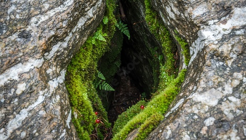 Moss and plants growing in a rocky crevice with vibrant greenery.