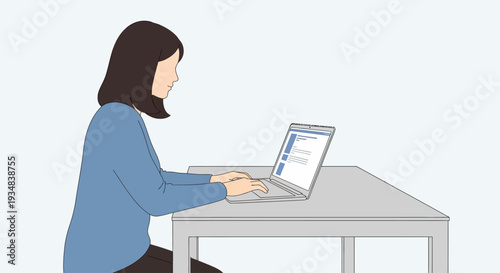 Woman sitting at desk working on laptop computer indoors alone