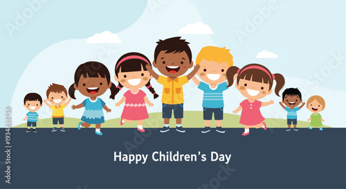 Diverse group of happy multi-ethnic children standing together in a long line to celebrate world children's day.