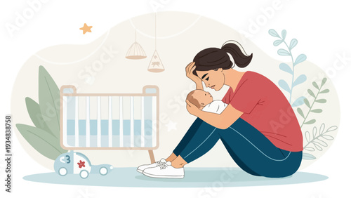 Loving mother holding newborn baby in cozy nursery with crib and toys