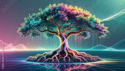 Holographic Iridescent Abstract Mangrove Roots with Color-Shifting Hologram Effect - Vector Illustration