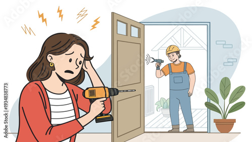 Frustrated woman struggling with power drill while man in overalls stands ready in doorway