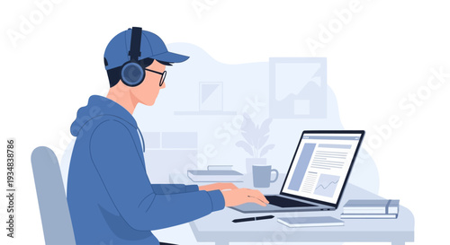 Man works on laptop with headphones on in office setting daily