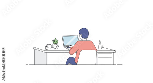Person working on laptop at desk with office supplies and plant in a modern workspace viewed from behind