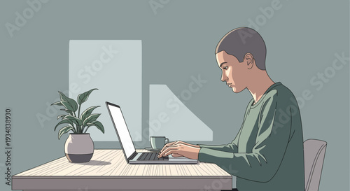 Woman working on laptop at desk with potted plant illustration