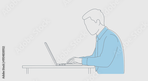Man working on laptop at desk viewed from the side in a simple illustration style