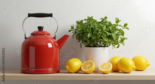 Red kettle with lemons and mint plant on wooden shelf fresh lemons