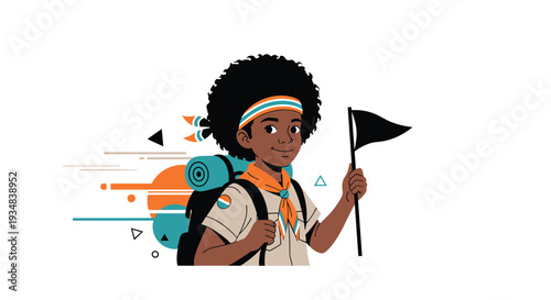 Courageous young boy scout with an afro wearing a uniform and carrying a large backpack while holding a black flag.