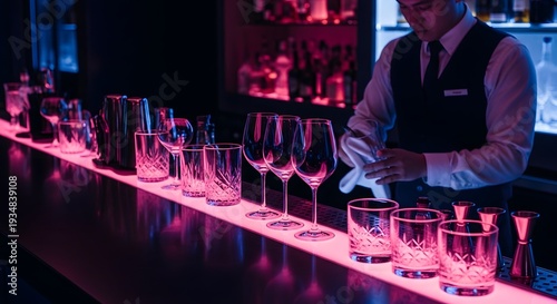 Professional Bartender Cleaning Glasses at Vibrant Neon Bar Counter