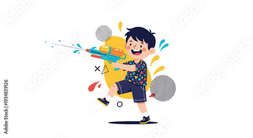 Energetic young boy in a colorful geometric pattern shirt playing happily with a blue and yellow water gun on white background.