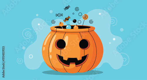 Large orange pumpkin shaped cauldron filled with various delicious colorful candies and lollipops for Halloween celebration.