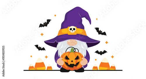 Cute little garden gnome wearing a purple witch hat and holding a carved pumpkin for Halloween night with bats and candy corn.
