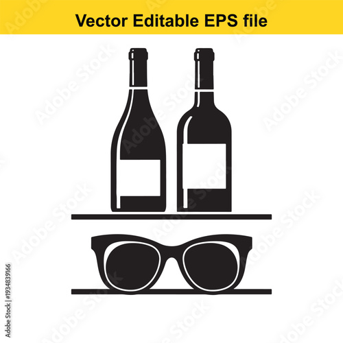 Wine Bottles and Sunglasses Silhouette Vector Illustration