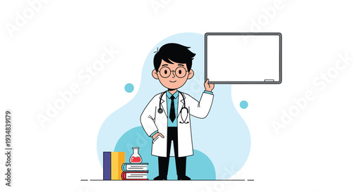 Intelligent male doctor wearing glasses and a lab coat holding a whiteboard while standing next to a stack of medical books.