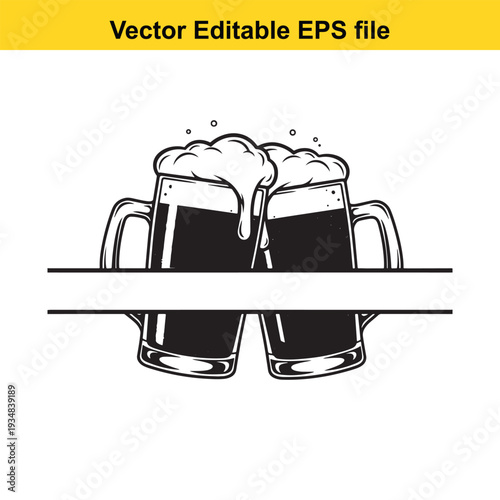 Beer Mugs Clinking Toast Illustration - Black White Design