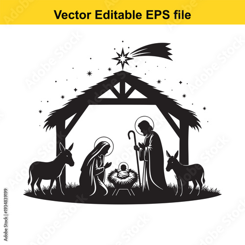 Nativity Scene Silhouette Design with Mary and Joseph - Vector Illustration
