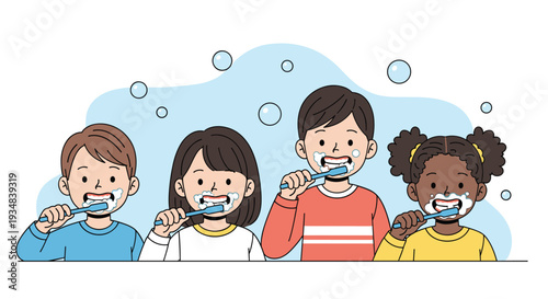 Diverse group of young children happily brushing their teeth with foaming toothpaste to maintain excellent dental hygiene and oral health.