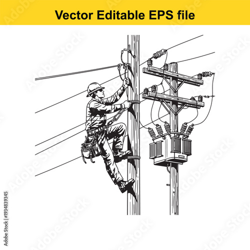 Electrician Working on Power Lines Utility Pole - Vector Illustration