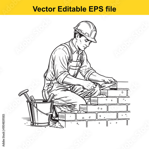 Bricklayer Worker Construction Laborer Building Wall - Vector Illustration