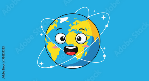 Cute cartoon Earth character with a surprised expression and glowing stars surrounded by orbital rings on a solid blue colored background.