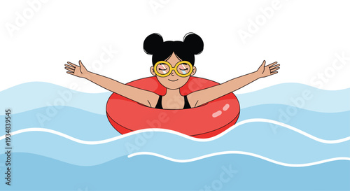 Young girl with glasses floating in a red inner tube on blue waves with her arms outstretched and eyes closed peacefully in the water.