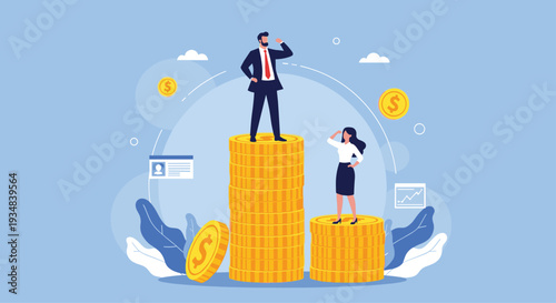 Business professional man and woman standing on different heights of stacked gold coins to represent the global gender pay gap issue.