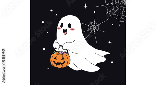 Cute ghost carrying a carved pumpkin bucket full of colorful candy and treats for Halloween trick or treating on a dark starry night.