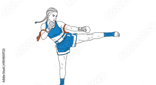 Female Muay Thai fighter in a blue uniform performing a powerful high kick with athletic form and determination against a white background.