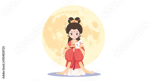 Detailed illustration of the Chinese moon goddess Chang e holding a white jade rabbit in front of a giant glowing and detailed full moon.