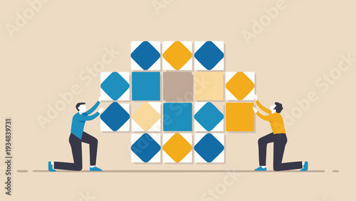 Vector illustration of two people building a colorful puzzle