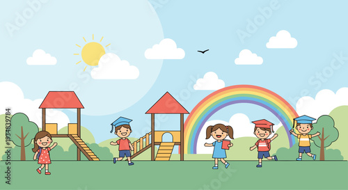 Group of happy children wearing graduation caps and playing in a sunny park featuring a playground, trees, and a colorful rainbow.