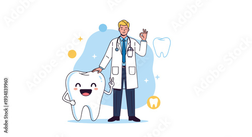 Friendly male dentist in a white coat standing next to a giant smiling tooth character with a thumbs up sign and a stethoscope.