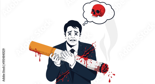 Graphic depiction of a man suffering from the effects of smoking with a bloody cigarette and a skull symbol in his thought bubble.