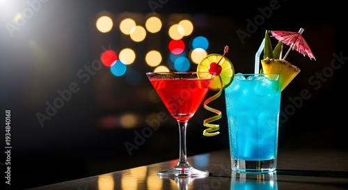 Refreshing Red & Blue Cocktails on Bar with Festive Bokeh Lights