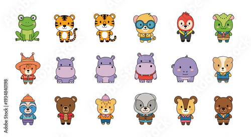 Collection of cute pixel art animals including frogs, tigers, hippos, and bears dressed in various colorful human outfits on a plain white background.