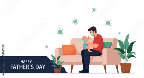 Happy Fathers Day scene showing a man wearing a face mask while holding his baby on a sofa during the coronavirus pandemic period at home.