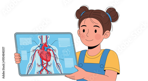 Young girl holding a digital tablet that displays a detailed illustration of the human circulatory system including the heart and blood vessels.