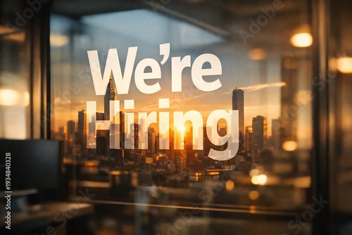 Wallpaper Mural We're hiring office window with city skyline at sunset job vacancy announcement Torontodigital.ca