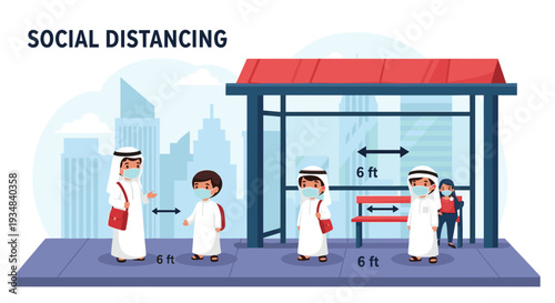 Illustration of people wearing masks and maintaining a six-foot distance from each other at a bus stop as part of social distancing measures.